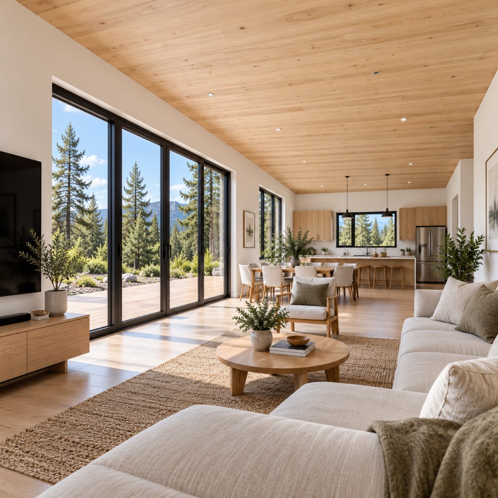 24x36 Scandinavian lean cabin interior living room with sliding glass doors