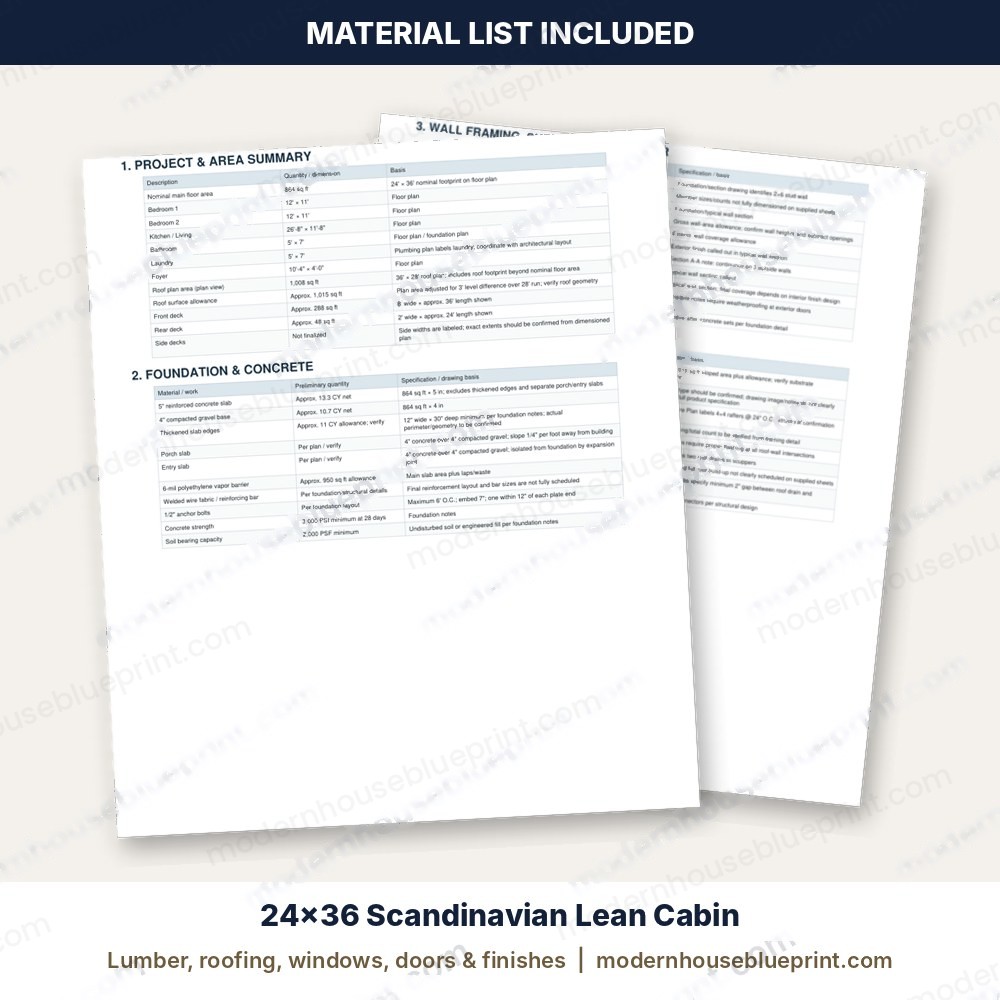 24x36 scandinavian lean cabin material list