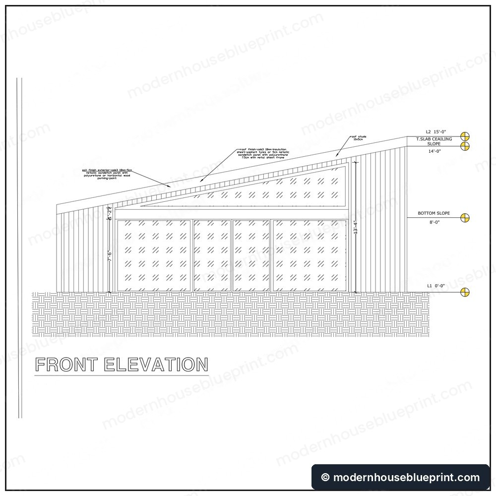 24x36 wood lean cabin front elevation