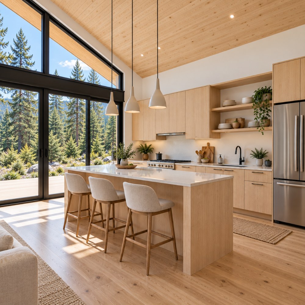 24x36 wood lean cabin interior kitchen with high bar
