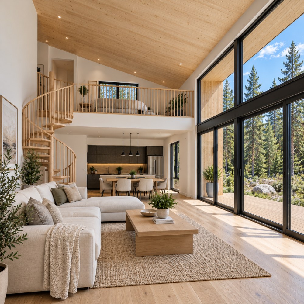 24x36 wood lean cabin interior living room with spiral stair to loft