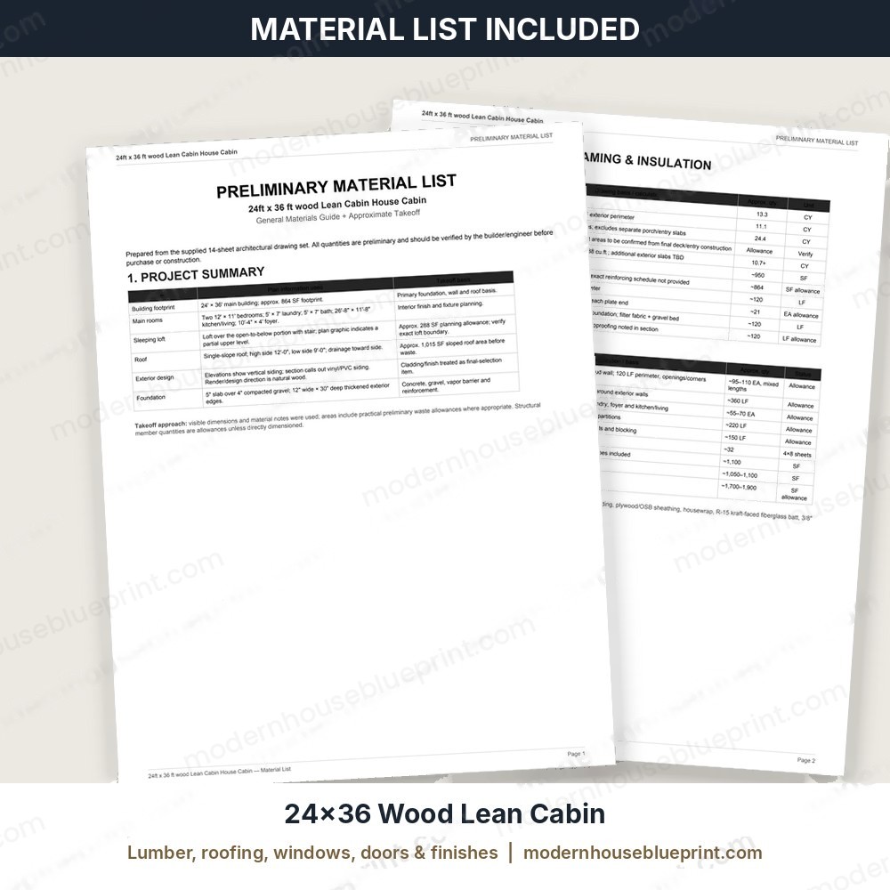 24x36 wood lean cabin material list