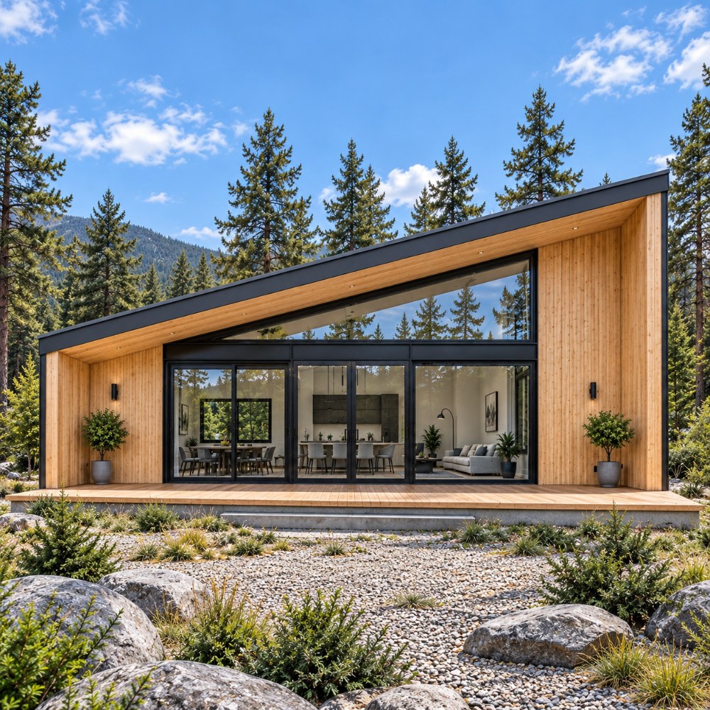 24x36 wood lean cabin plan front exterior