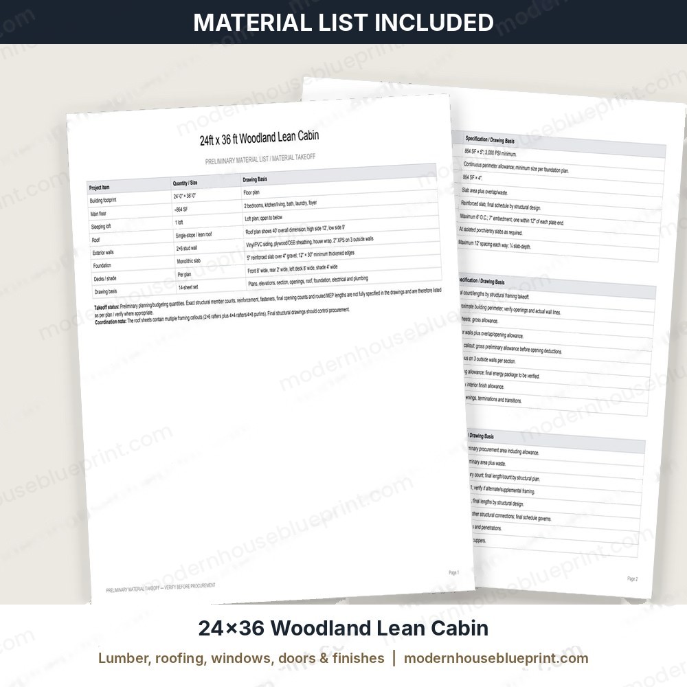 24x36 woodland lean cabin material list