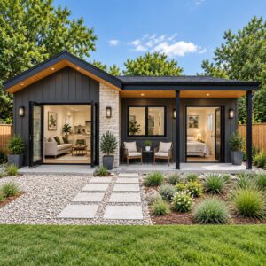 25x15 modern luxury tiny house exterior with covered porch and stone wall