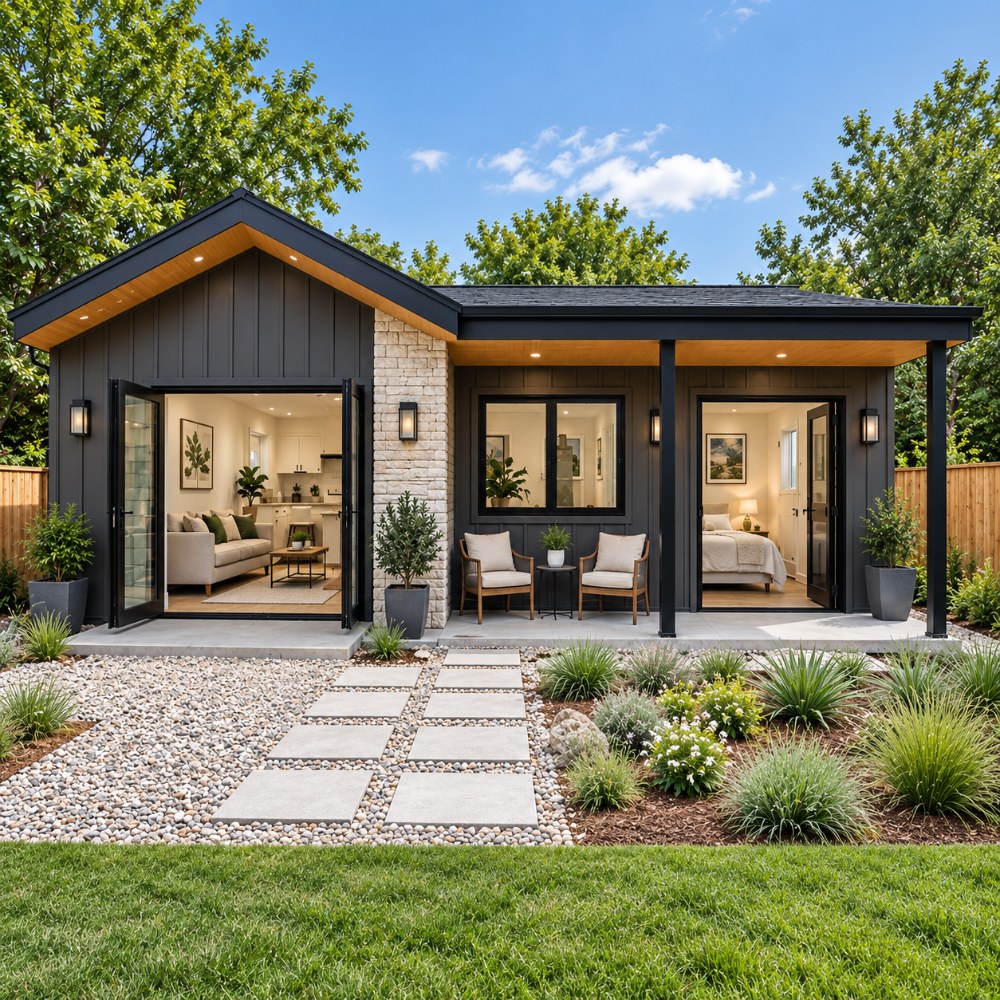 25x15 modern luxury tiny house exterior with covered porch and stone wall