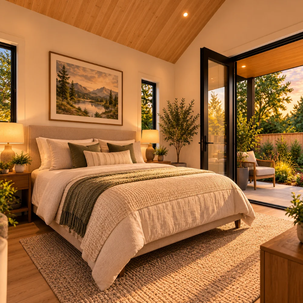 Bedroom of the modern luxury tiny house with wood ceiling and glass door to the covered porch