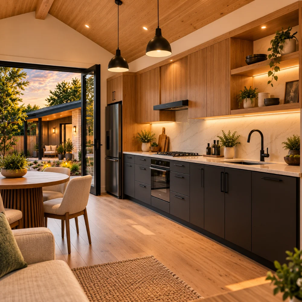 Kitchen of the modern luxury tiny house with black and wood cabinets, stone counters and pendant lights