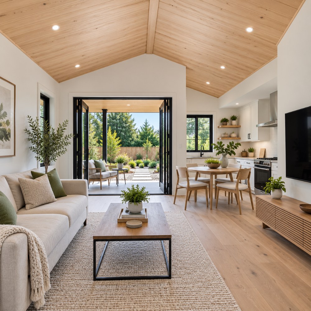 25x15 modern luxury tiny house interior living room with vaulted wood ceiling