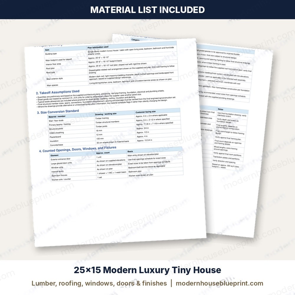 25x15 modern luxury tiny house material list
