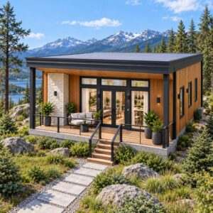 28x16 modern lean house exterior with covered front deck
