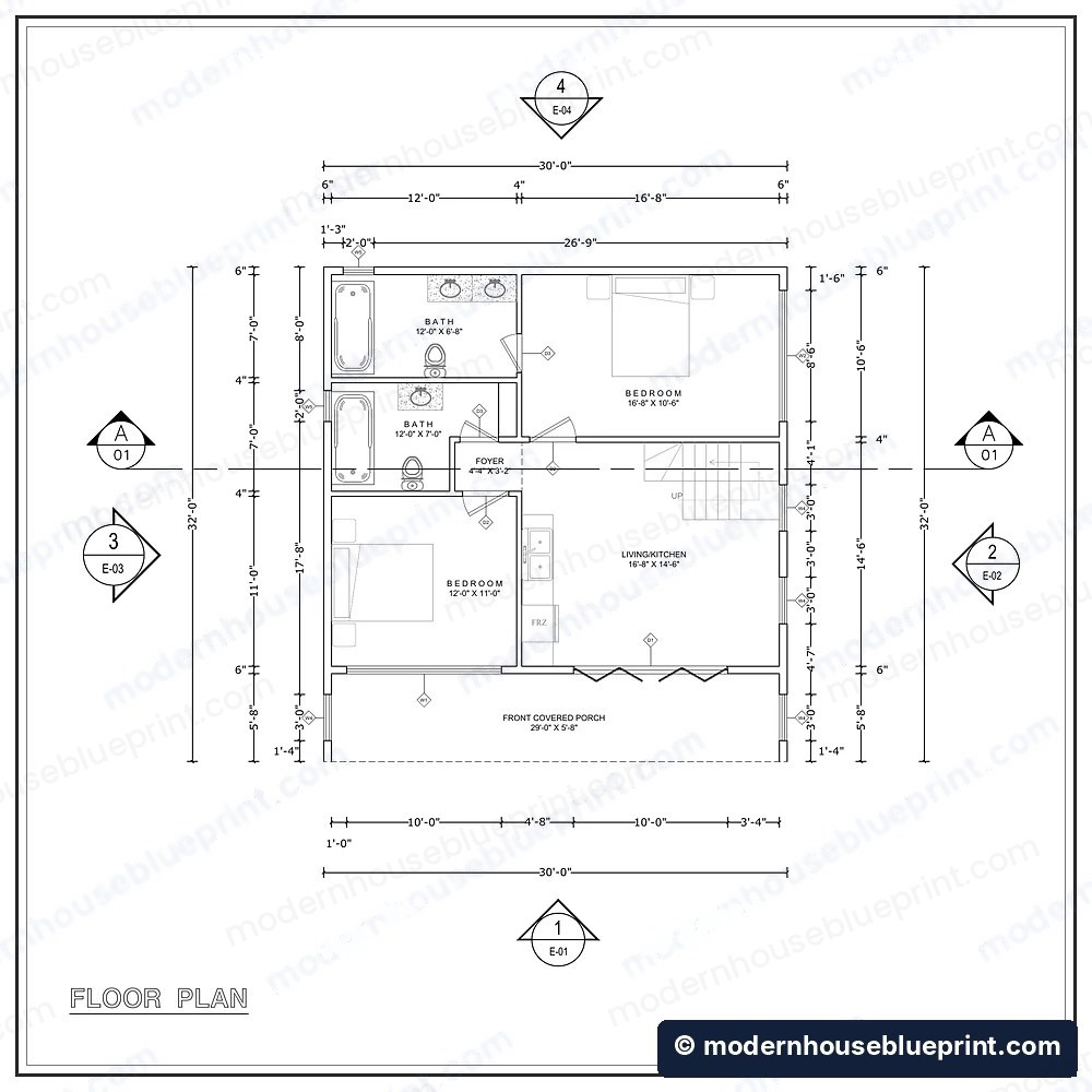 30x32 modern cabin with loft floor plan