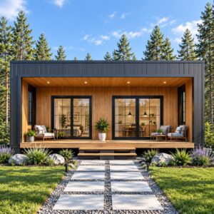 30x32 modern cabin with loft exterior with recessed wood porch
