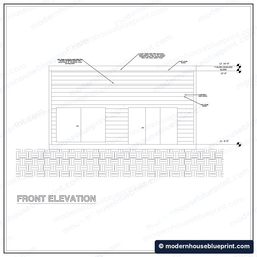 30x32 modern cabin with loft front elevation