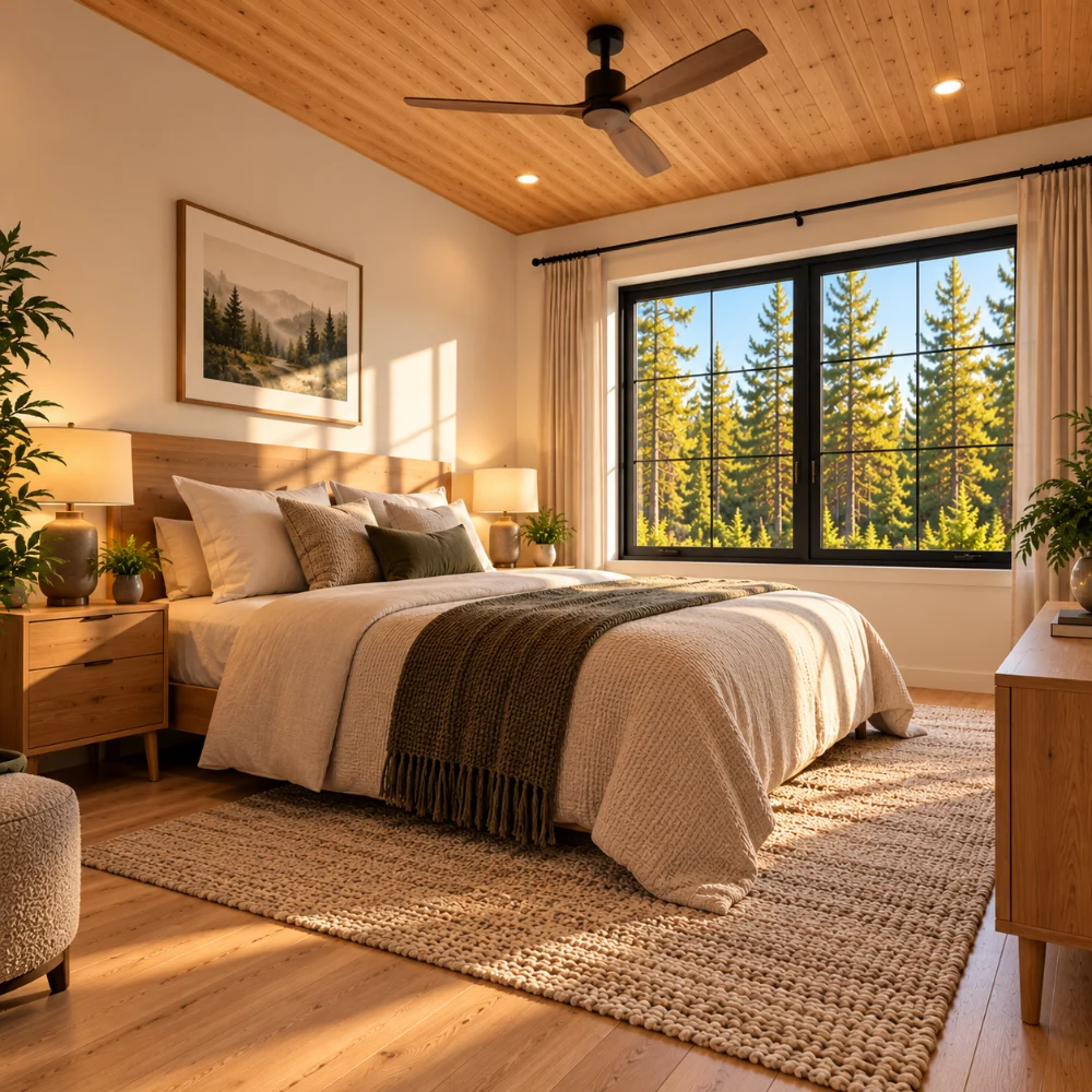 Bedroom in the 30x32 modern cabin with loft, wood ceiling and pine forest window
