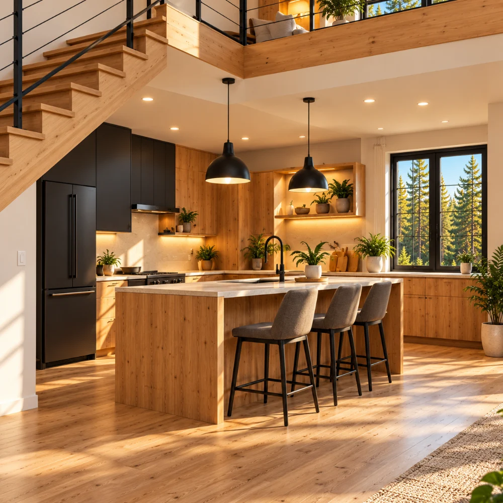 Kitchen of the 30x32 modern cabin with loft, island with stools and stair to the loft
