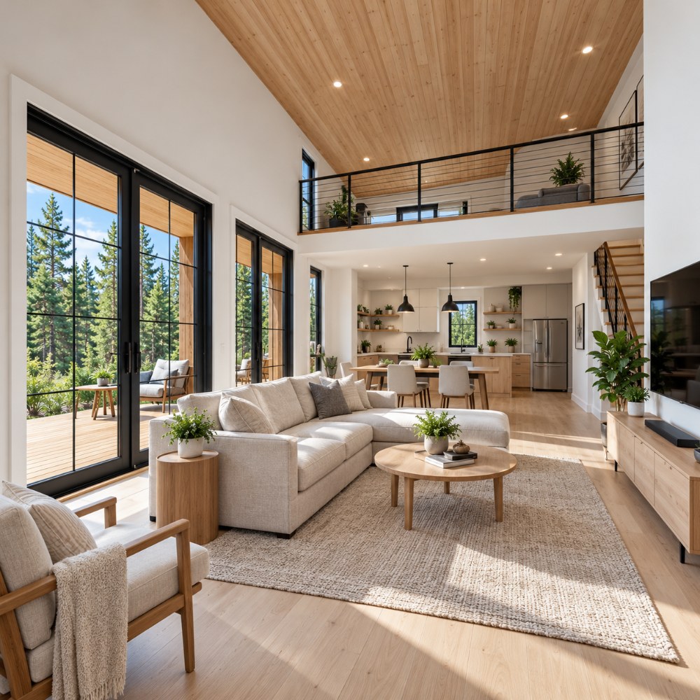 30x32 modern cabin with loft interior double-height living room