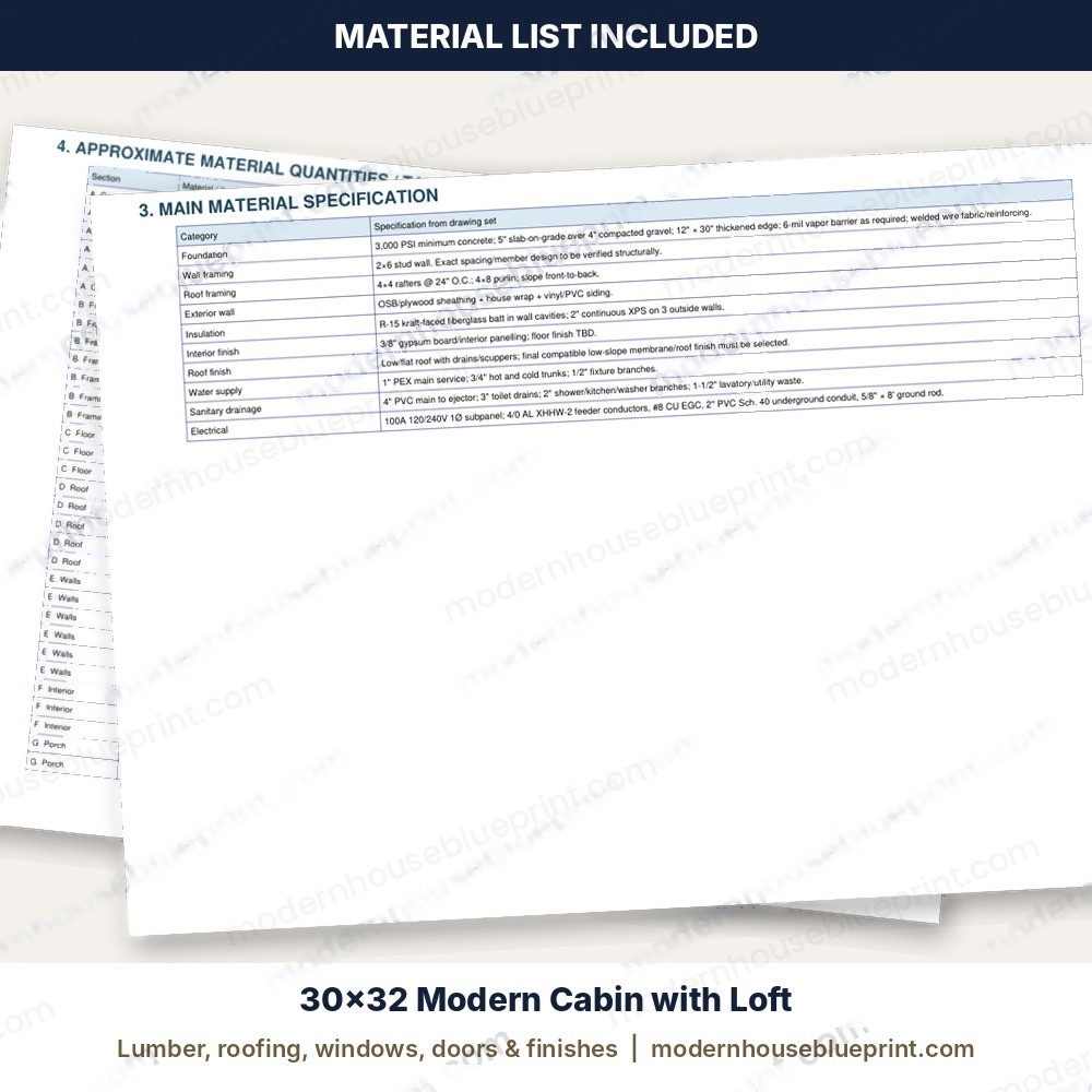 30x32 modern cabin with loft material list