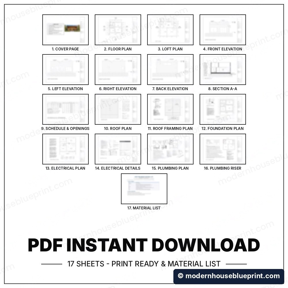 30x32 modern cabin with loft plan set 17 sheets