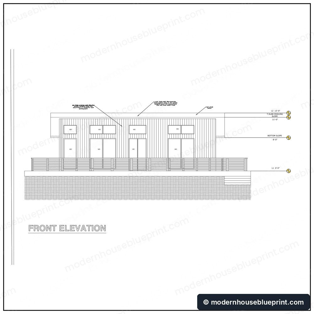 36x24 lean cabin wraparound deck front elevation