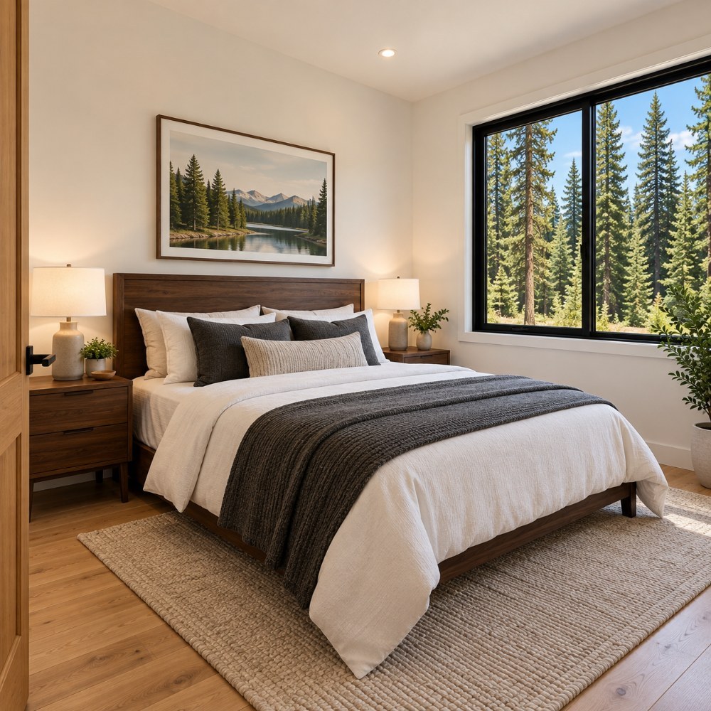 36x24 lean cabin wraparound deck interior bedroom