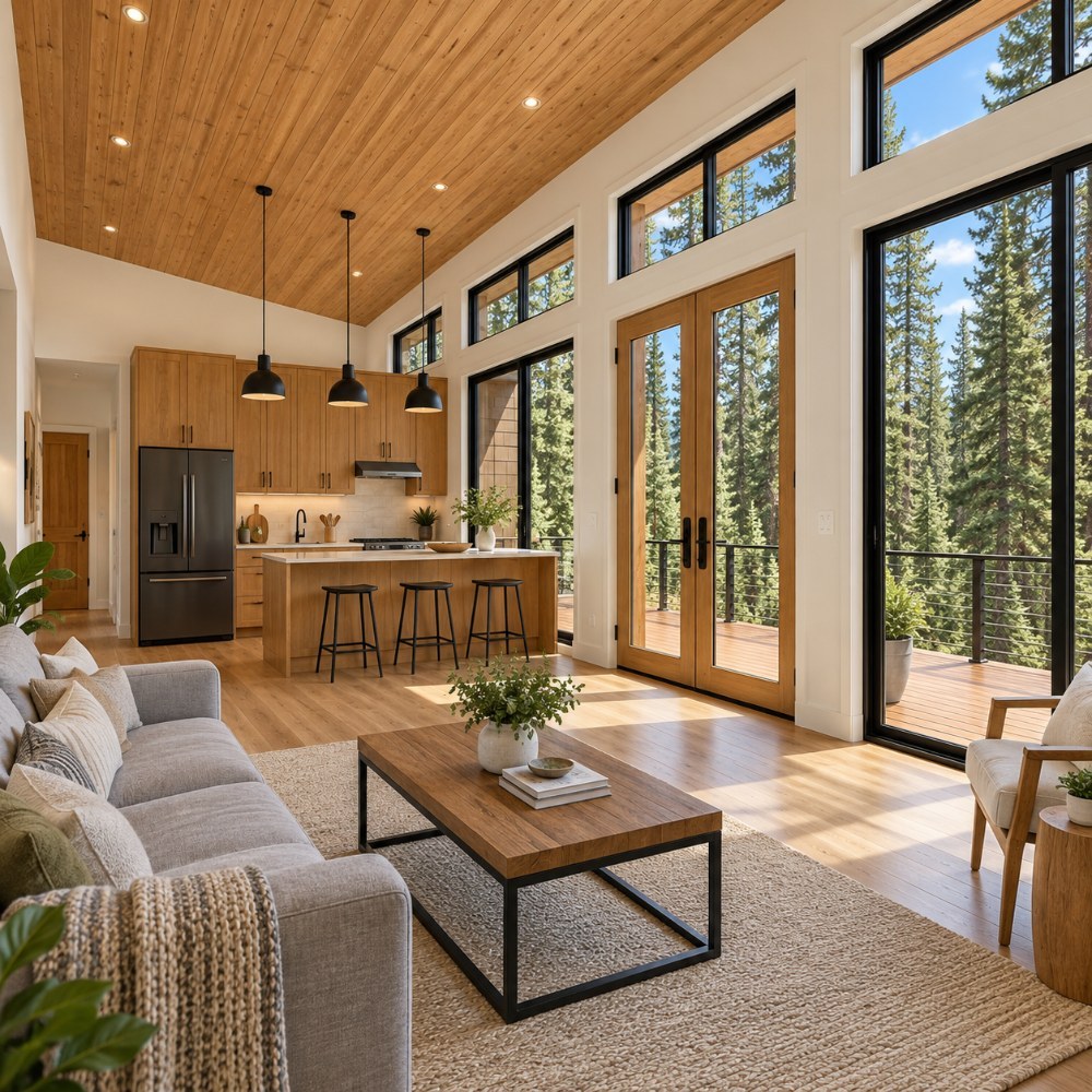 36x24 lean cabin wraparound deck interior kitchen living room