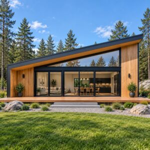 36x24 Scandinavian glass cabin exterior with tall glass front wall