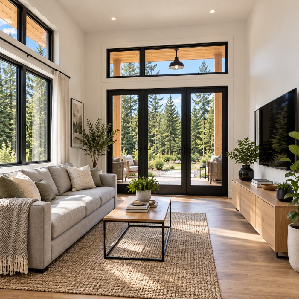 535 sq ft modern tiny house interior living room with glass doors to the porch