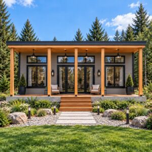 535 sq ft modern tiny house plan front exterior with full-width covered porch