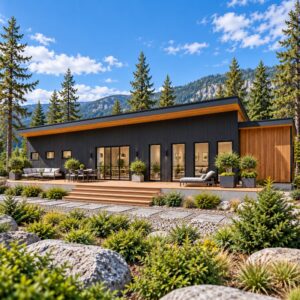 62x32 modern lean house plan with garage front exterior in daylight