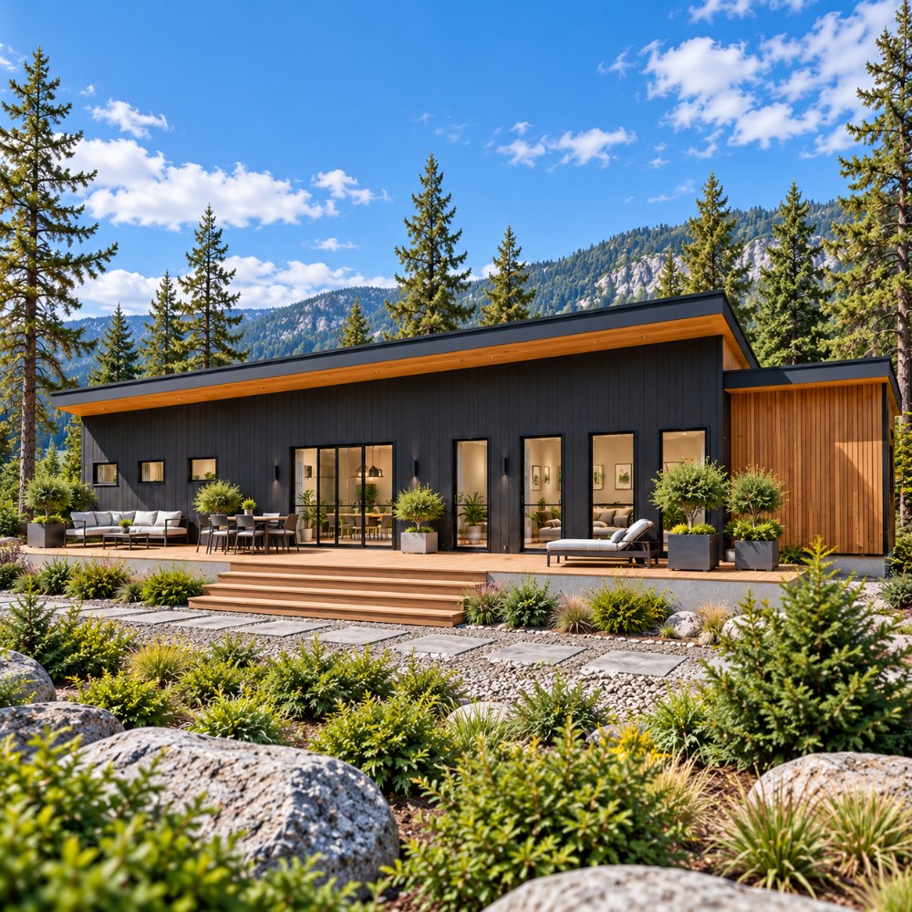 62x32 modern lean house plan with garage front exterior in daylight