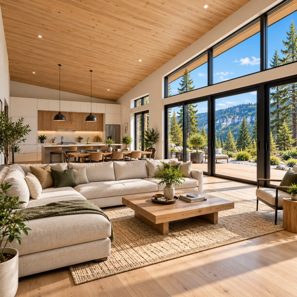 62x32 modern lean house plan interior great room and kitchen