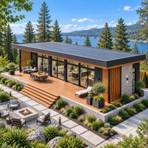 66x28 modern lean house exterior with wide front deck and glass doors