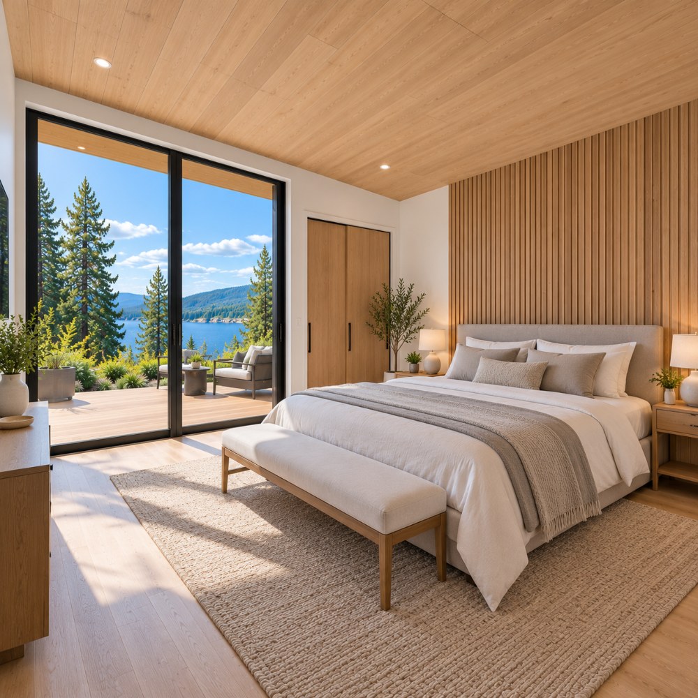 66x28 modern lean house interior master bedroom with lake view