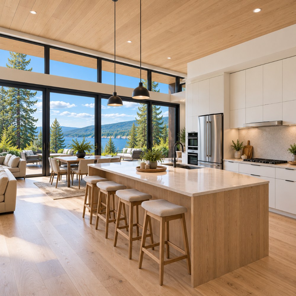 66x28 modern lean house interior kitchen with large island and lake view