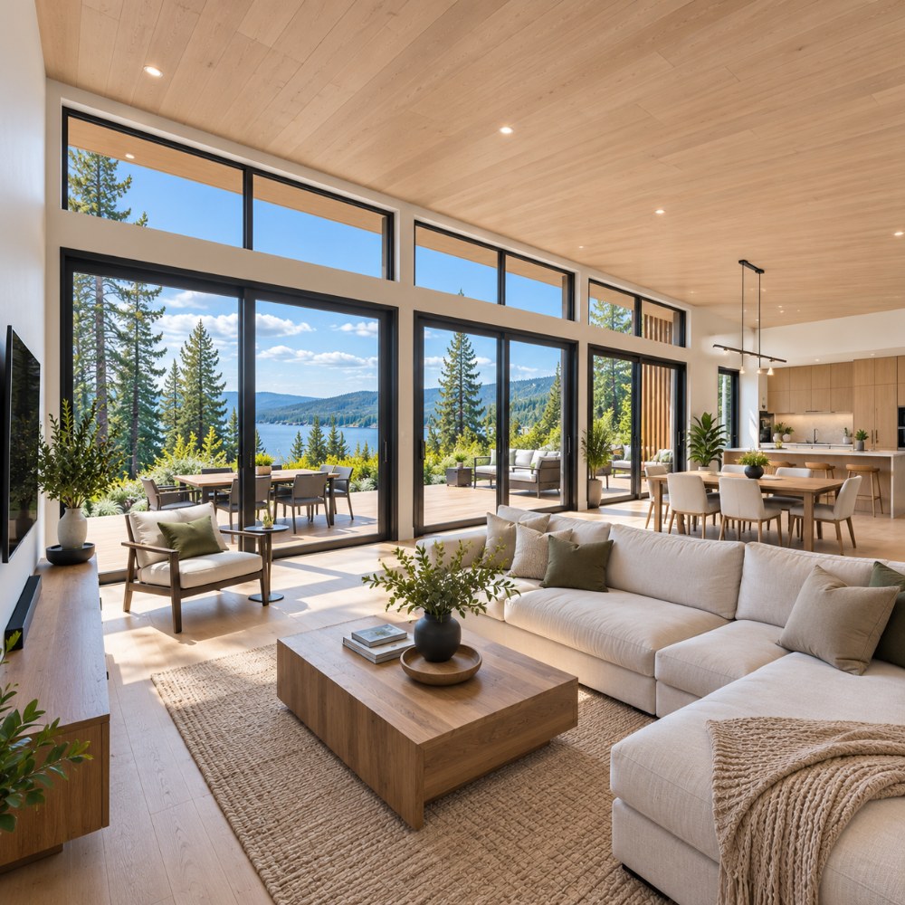 66x28 modern lean house interior living and dining with sliding glass wall