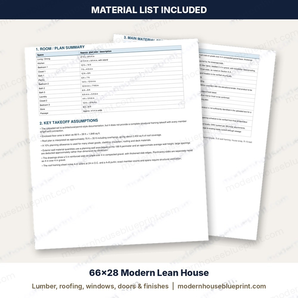 66x28 modern lean house material list