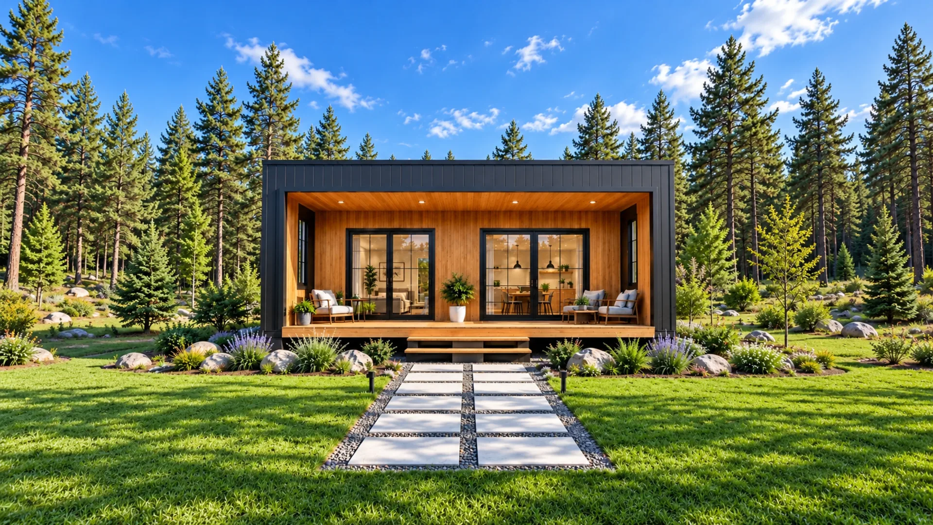 30x32 modern cabin plan with covered front porch in a pine forest