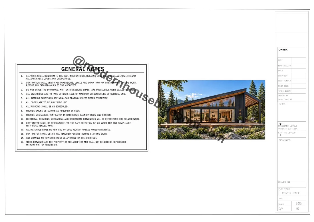 Sample modern cabin plan set, sheet 1 of 15