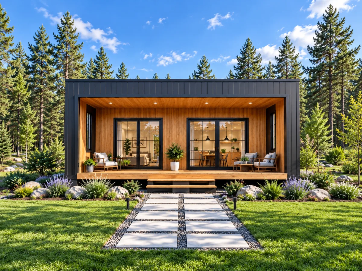 30x32 modern cabin plan with covered front porch