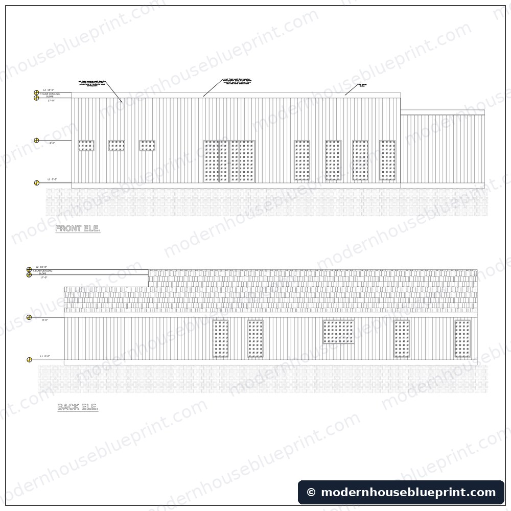 Modern lean house with garage front and back elevations