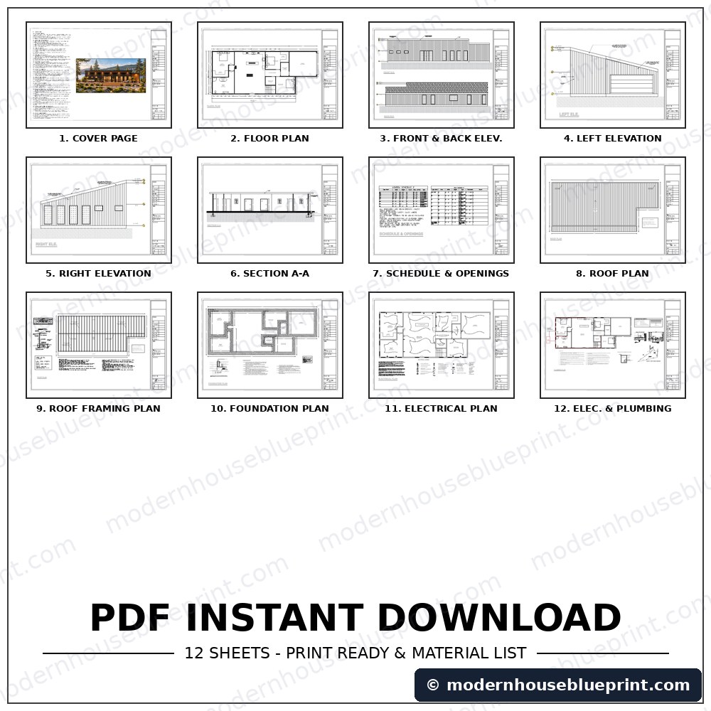 Modern lean house with garage plan set PDF 12 sheets